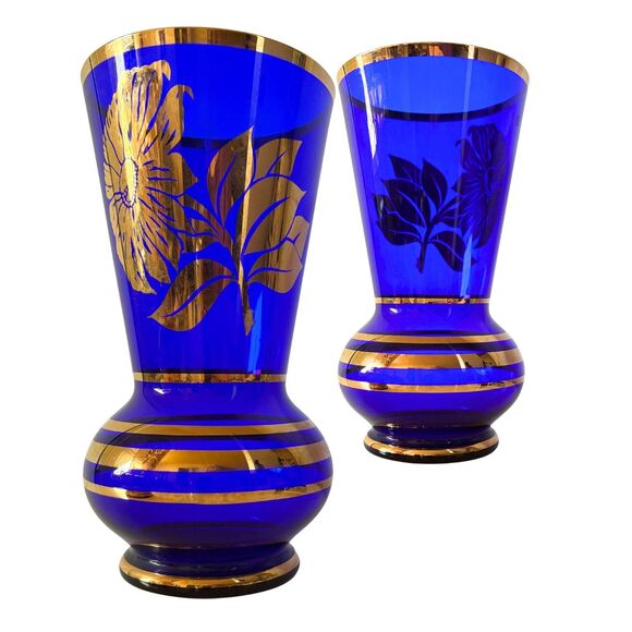 RARE Vintage Borske Sklo Union Vase: Sunflower Design in Cobalt Blue and Gold - Picture 2 of 2